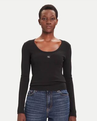 Γυναικεία Μακρυμάνικη Μπλούζα Calvin Klein - Ls Woven Label 2X2 Rib Scoop