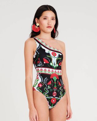 Peace And Chaos - Pomegranate One Shoulder Swimsuit