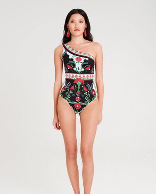 Peace And Chaos - Pomegranate One Shoulder Swimsuit