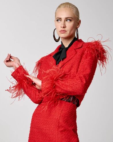 Spell - 1002 Cropped Tweed Blazer With Feathers 
