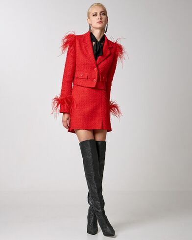 Spell - 1002 Cropped Tweed Blazer With Feathers 