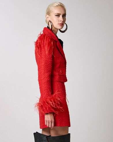 Spell - 1002 Cropped Tweed Blazer With Feathers 