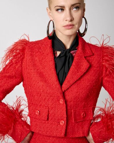 Spell - 1002 Cropped Tweed Blazer With Feathers 