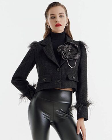 Spell - 1002 Cropped Tweed Blazer With Feathers 