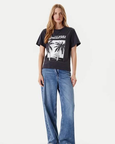 Γυναικεία Κοντομάνικη Μπλούζα Guess - Ss Palm Print Washed
