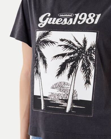 Γυναικεία Κοντομάνικη Μπλούζα Guess - Ss Palm Print Washed